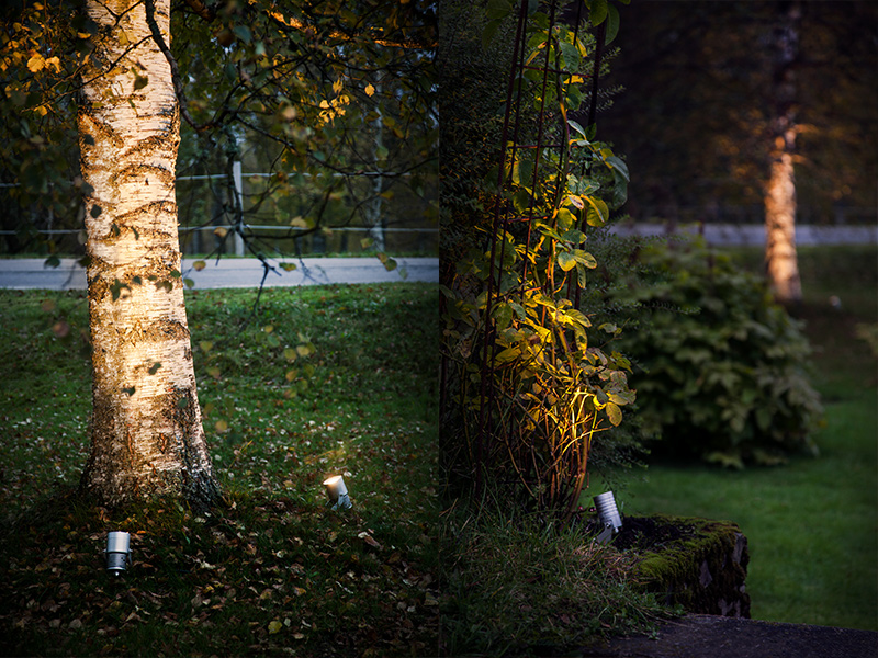 Spot It från Hide-a-lite belyser träd och buskar i trädgård.